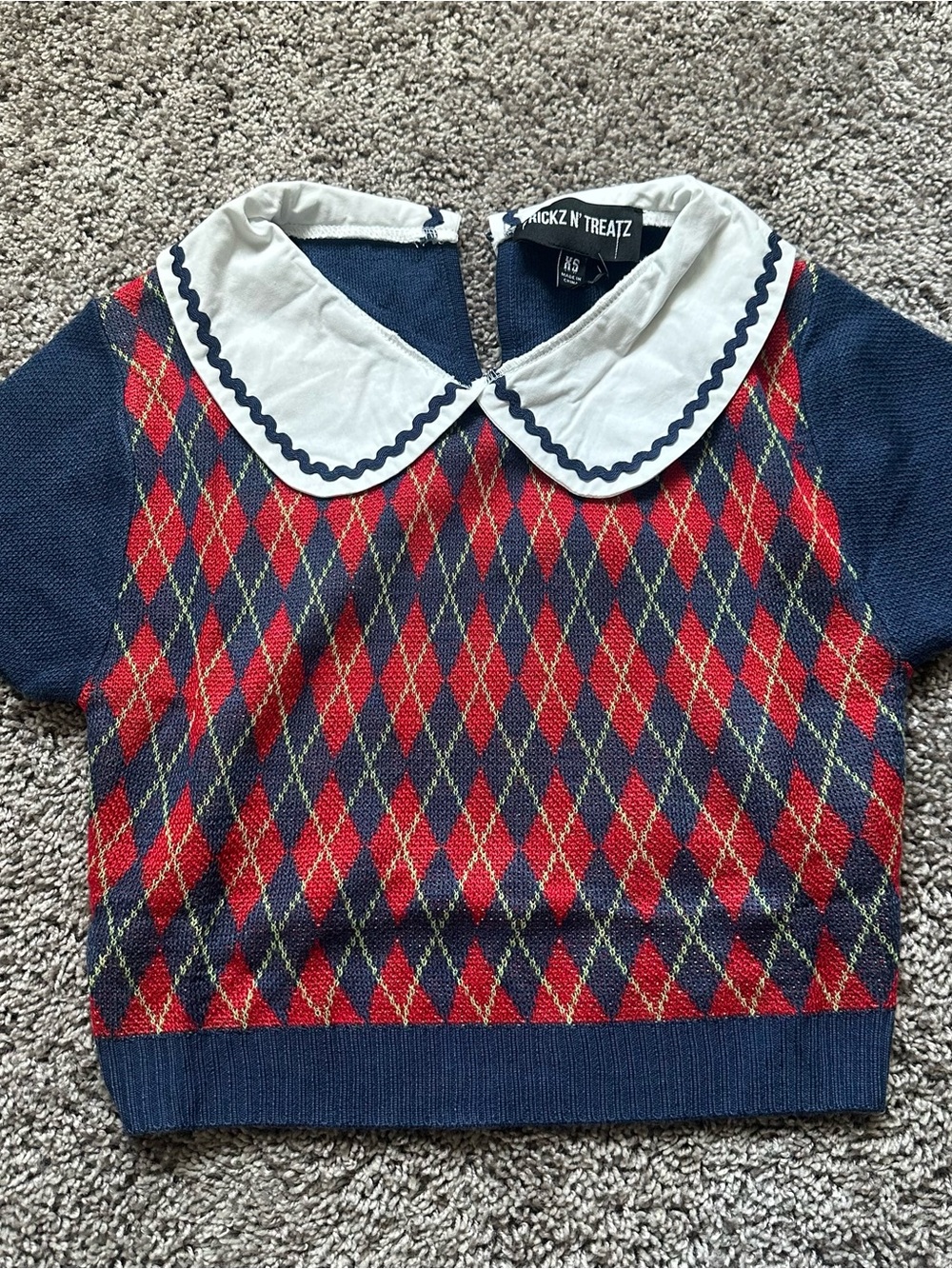 Dolls Kill Navy & Red Argyle Knit Top with Peter Pan Collar